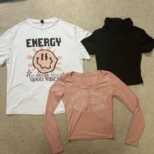 SHEIN White Graphic Tee and Black Polo Set with Pink Long Sleeve